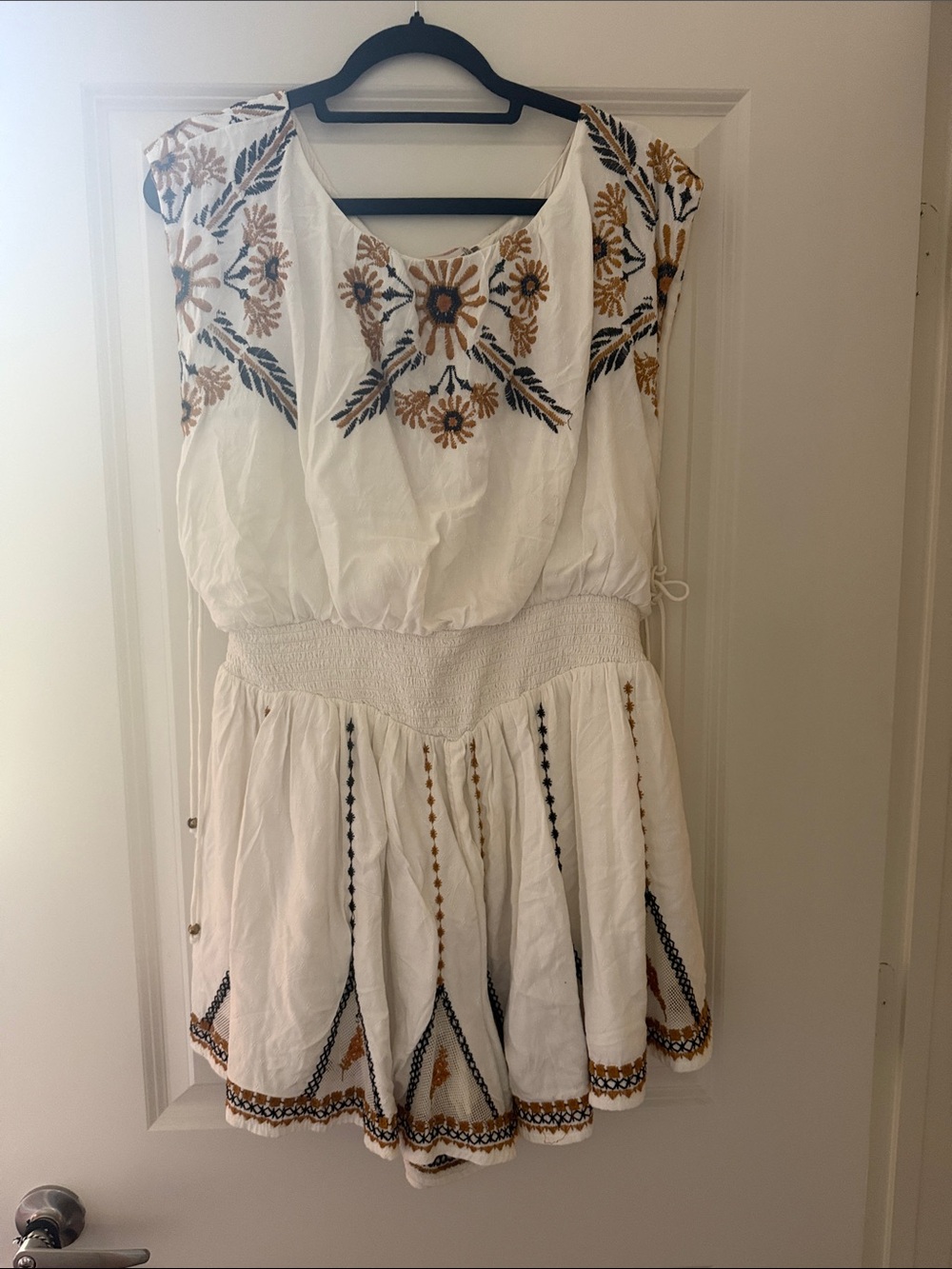 Free People White Mini Dress with Mustard and Navy Embroidery